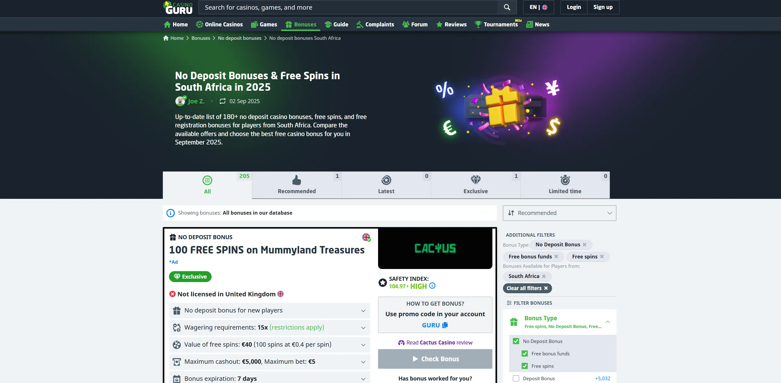 Screenshot of Casino.guru - No Deposit Casino - R250 for free to test Springbok Casino